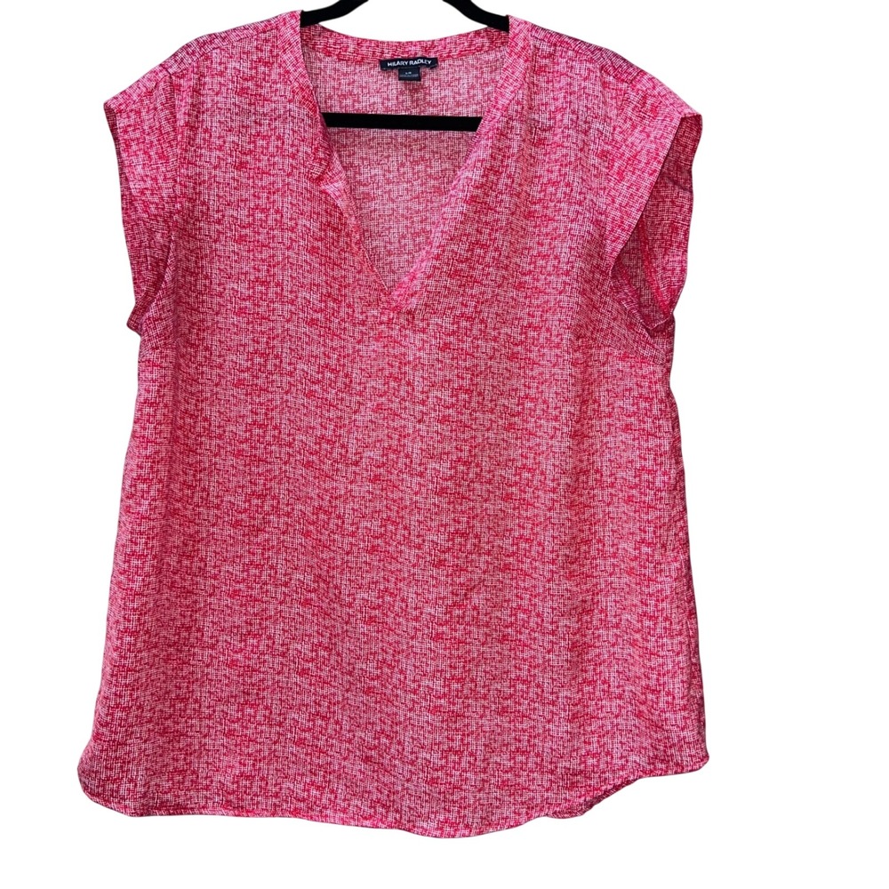 Hilary Radley Womens Red White Textured Print V-Neck Cap‎ Sleeve Blouse Top L